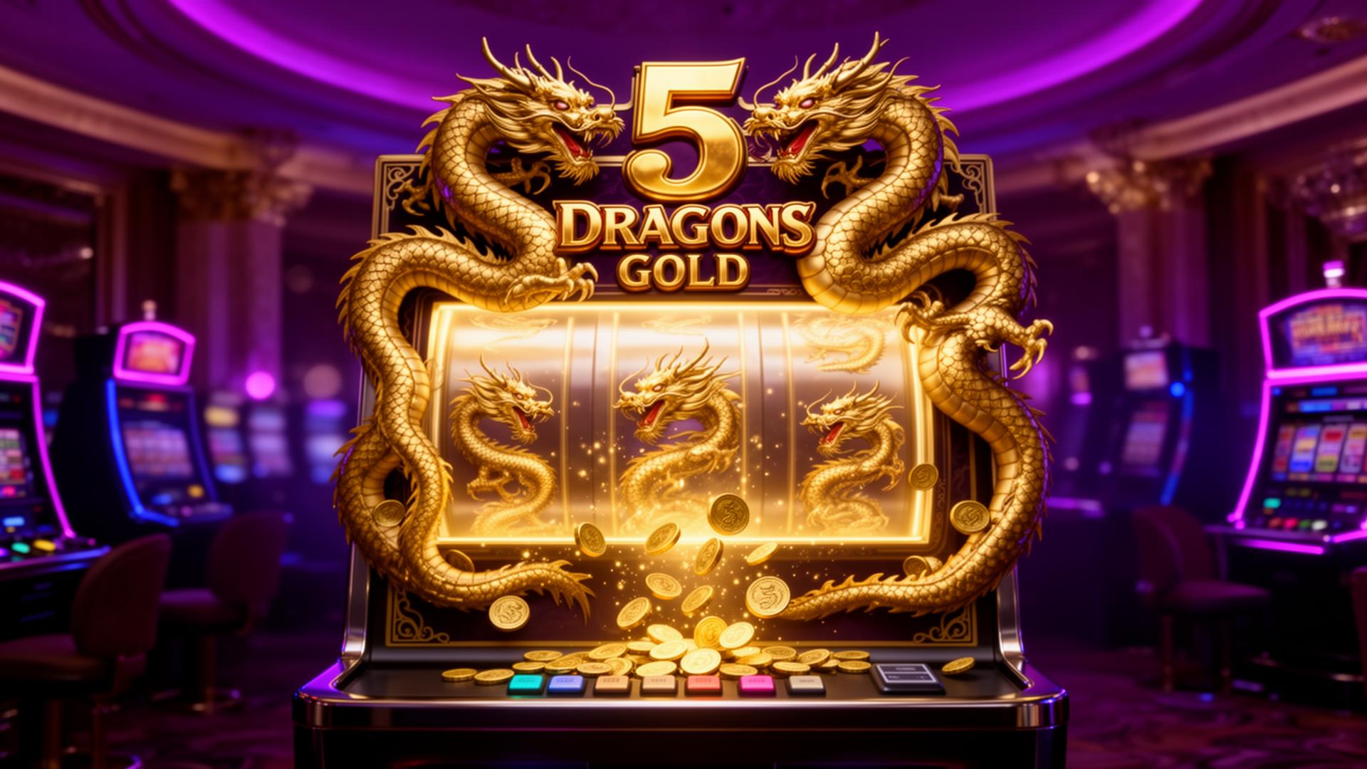 5 Dragons Gold slot machine with golden Chinese dragons and glowing reels at IQ777