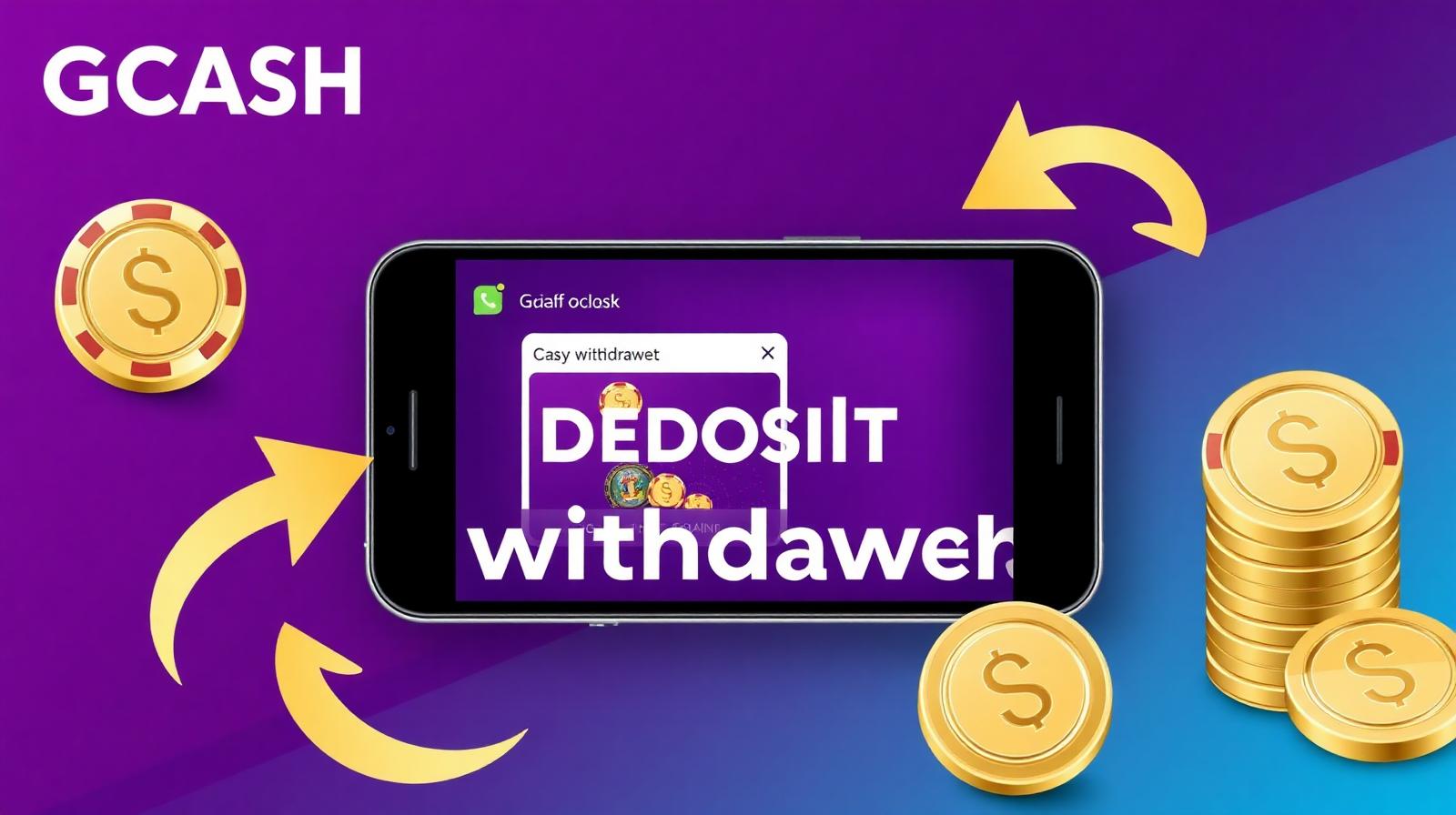 Smartphone with GCash interface beside casino chips and Philippine pesos illustrating a casino deposit and withdrawal tutorial